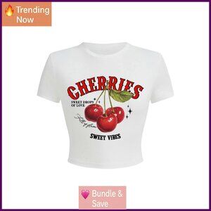 Y2K Cherry Letter Print Short Sleeve Crew Neck T-Shirt Summer Top